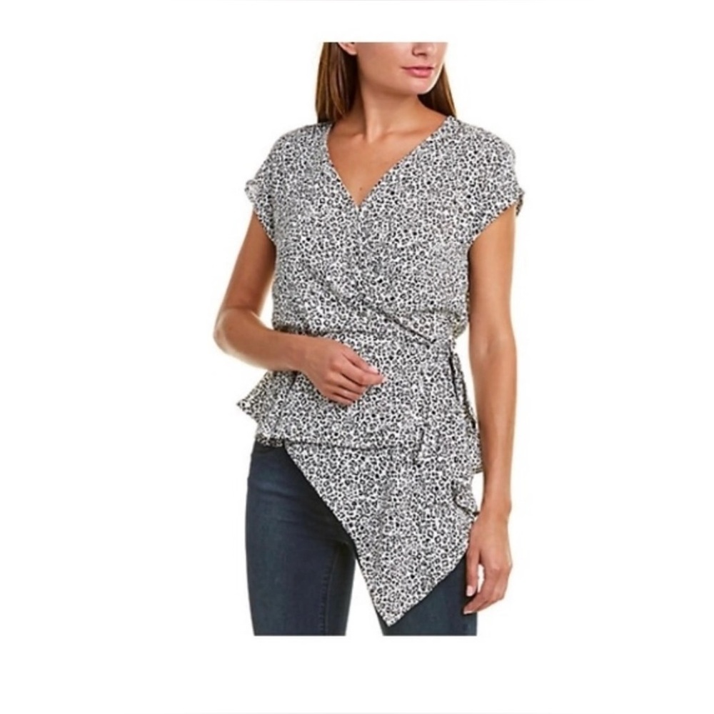 Vince Camuto Womens Small Leopard Print Wrap Top Asymmetrical Hem Black‎ White